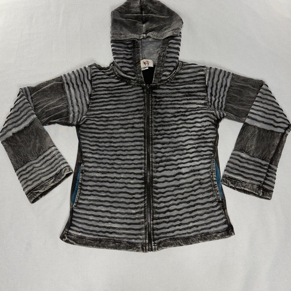 Fuzy Camel Womens M Black Grey Textured Striped Zip Up Hoodie Cotton Nepal Boho - Picture 9 of 12